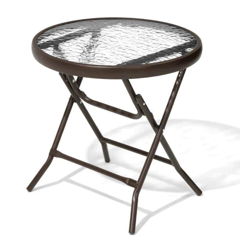 Table ronde pliante de patio extérieur avec plateau en verre trempé