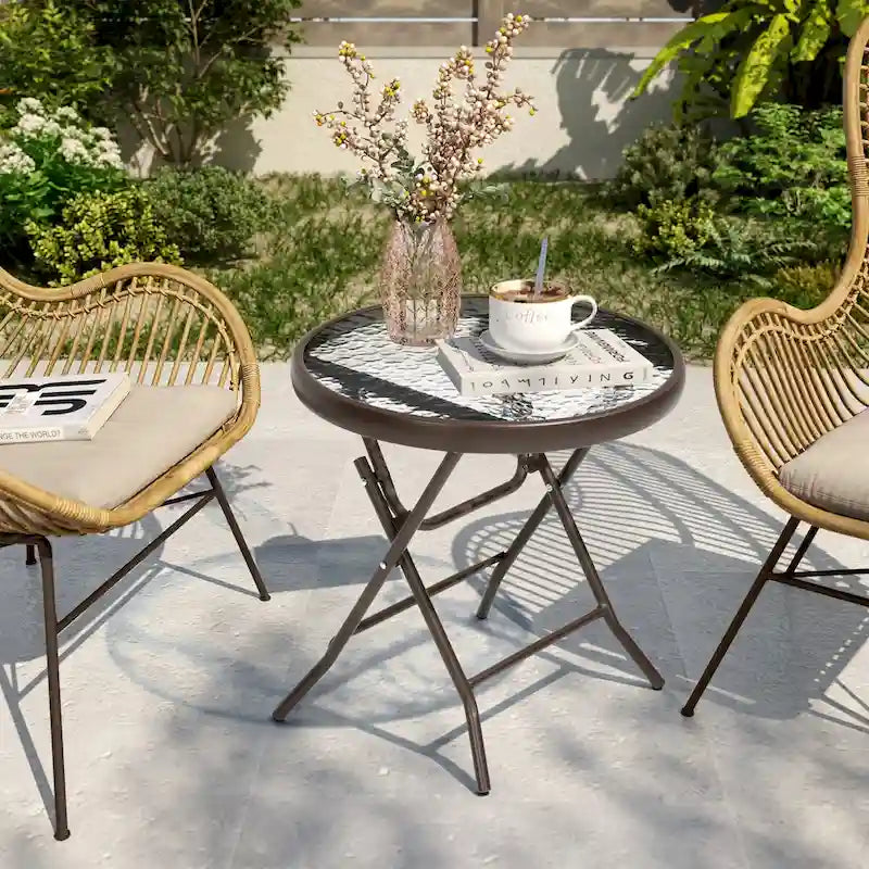 Table ronde pliante de patio extérieur avec plateau en verre trempé