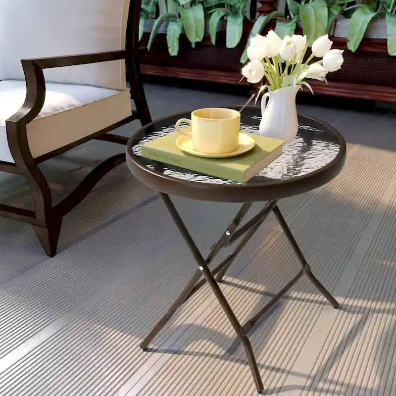 Table ronde pliante de patio extérieur avec plateau en verre trempé