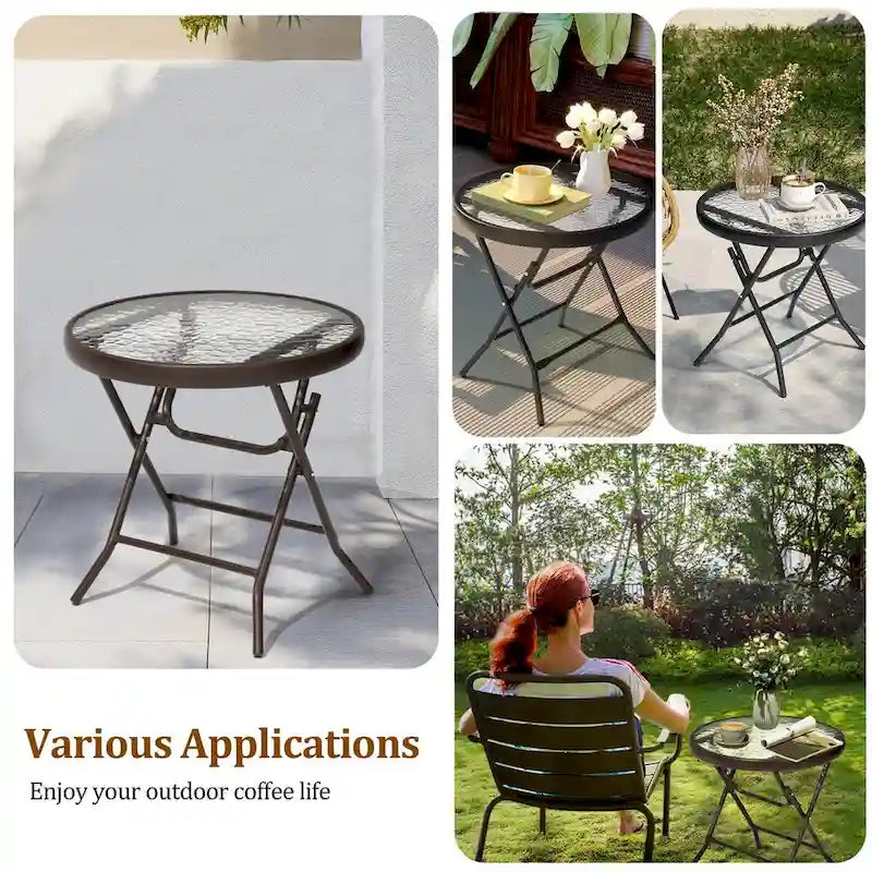 Table ronde pliante de patio extérieur avec plateau en verre trempé