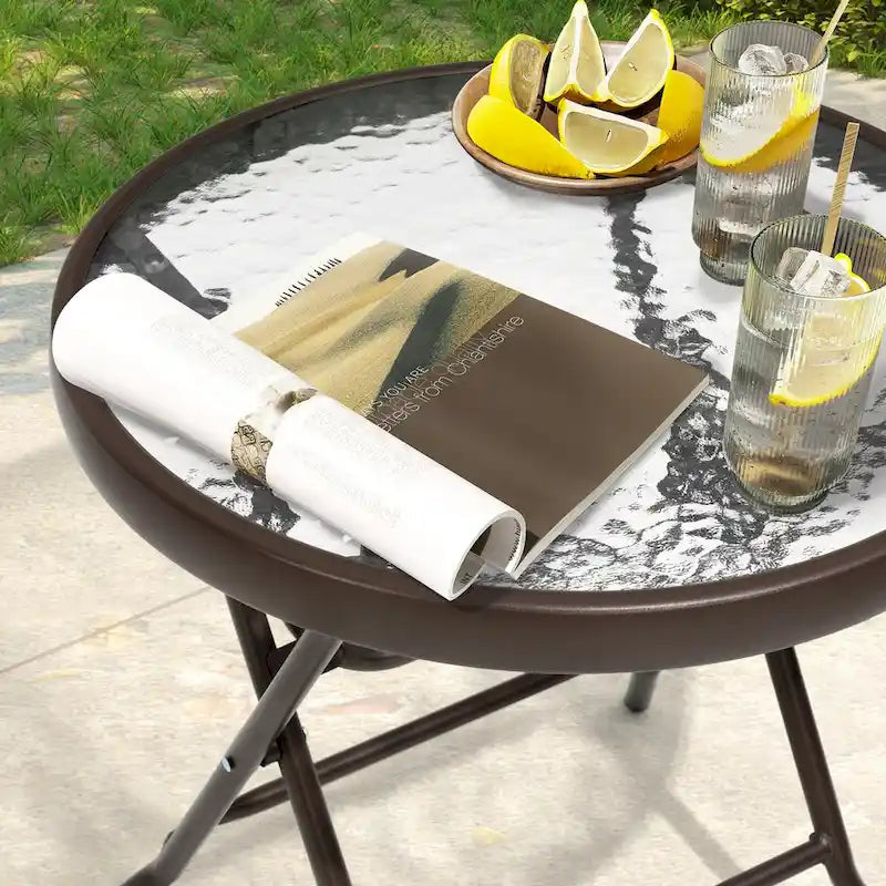 Table ronde pliante de patio extérieur avec plateau en verre trempé