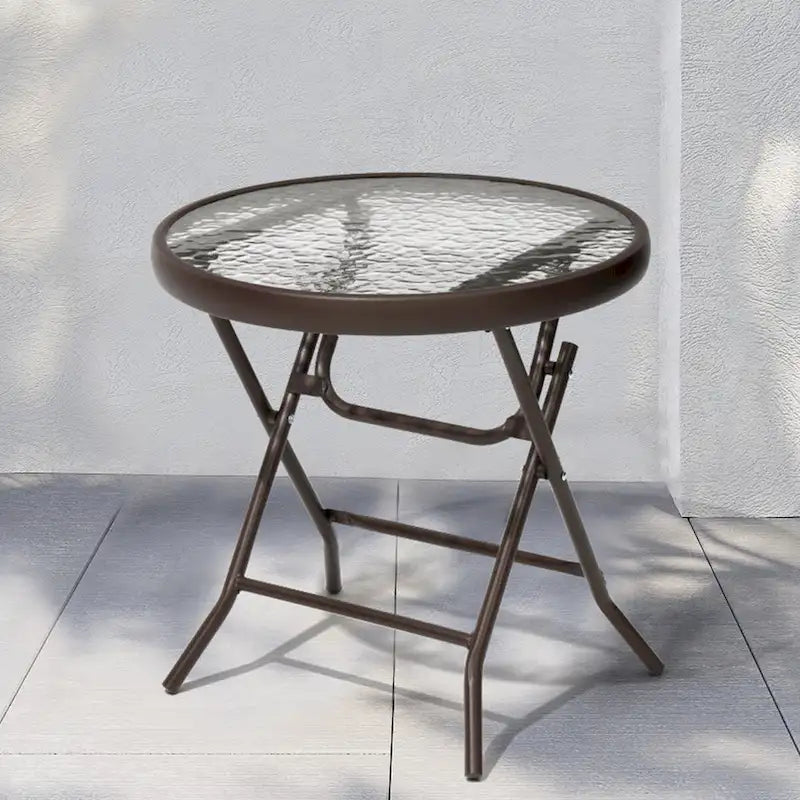 Table ronde pliante de patio extérieur avec plateau en verre trempé