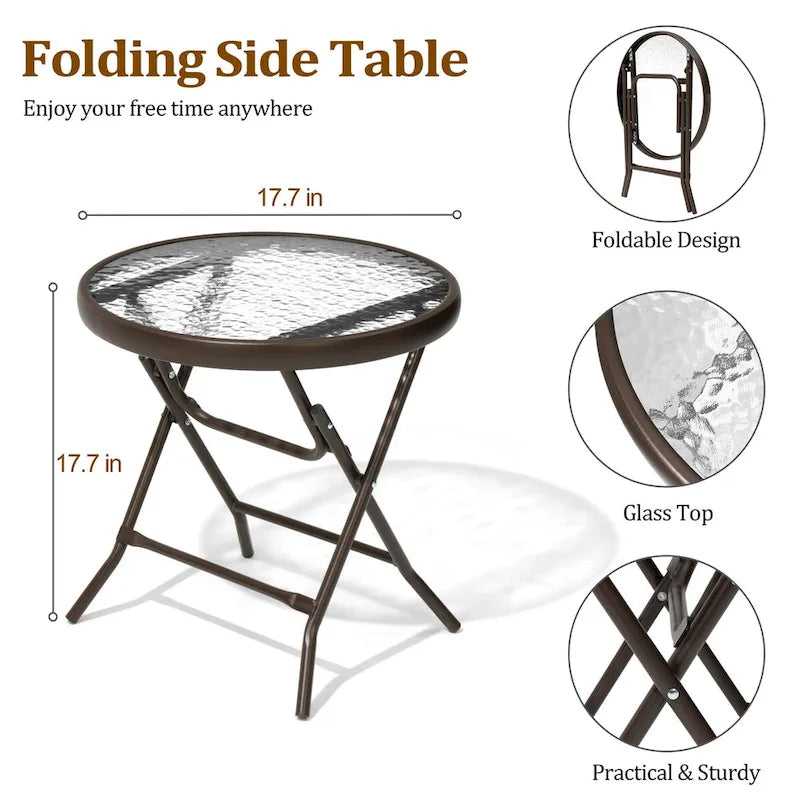 Table ronde pliante de patio extérieur avec plateau en verre trempé