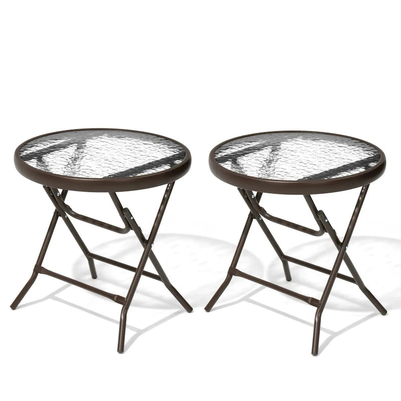 Table ronde pliante de patio extérieur avec plateau en verre trempé