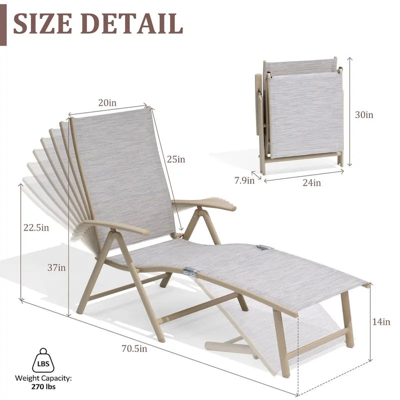 Chaise longue pliante portable d'extérieur VredHom en aluminium – 70 L x 20 l x 14 H
