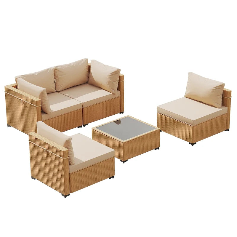 Ensemble de mobilier de jardin UPHA 5 pièces avec canapé en osier et coussins
