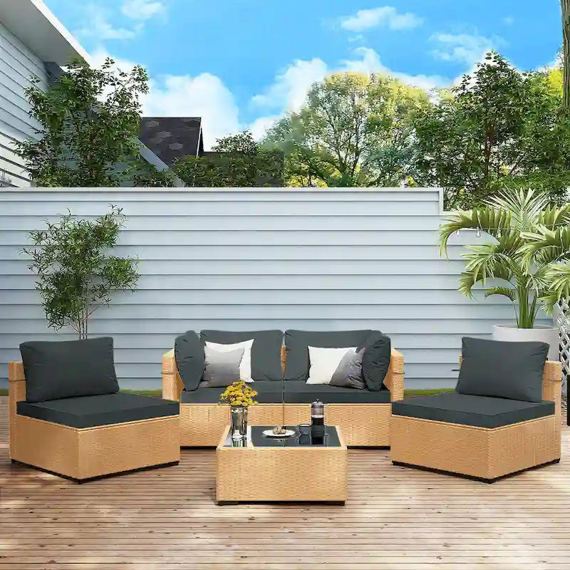 Ensemble de mobilier de jardin UPHA 5 pièces avec canapé en osier et coussins
