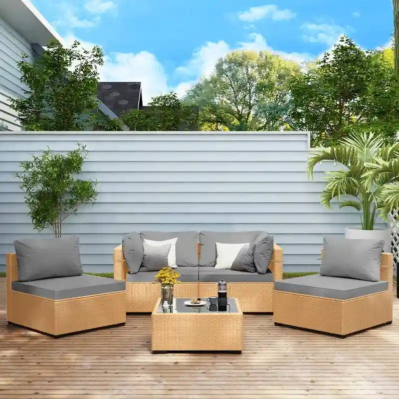 Ensemble de mobilier de jardin UPHA 5 pièces avec canapé en osier et coussins