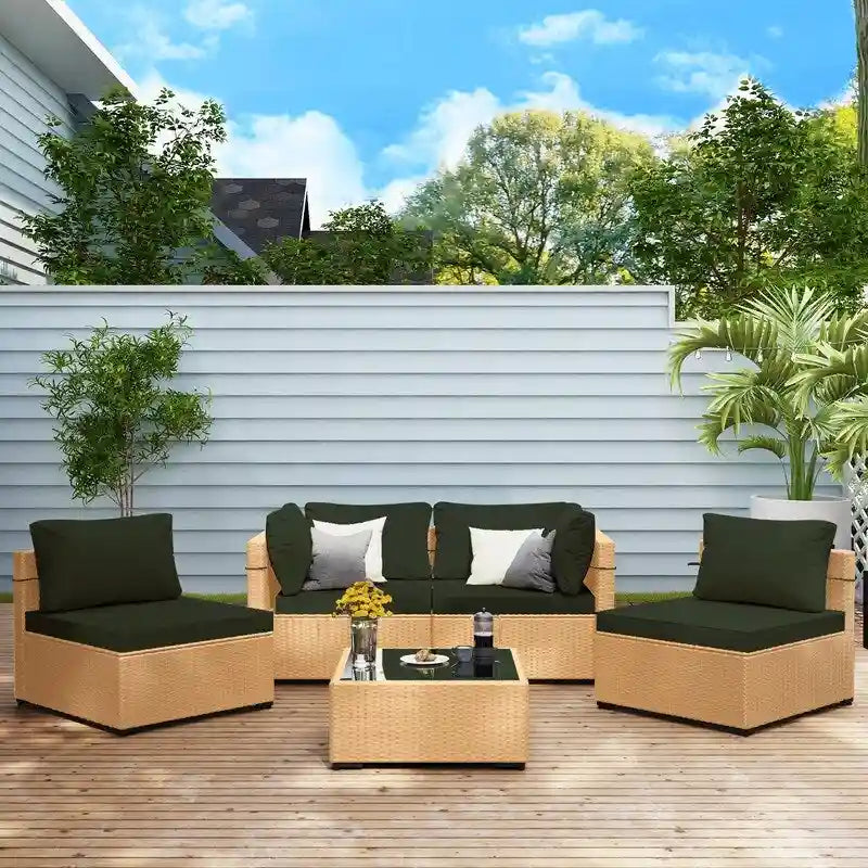 Ensemble de mobilier de jardin UPHA 5 pièces avec canapé en osier et coussins