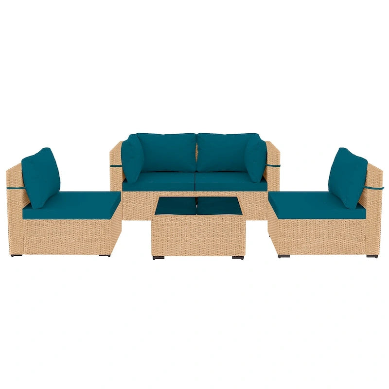 Ensemble de mobilier de jardin UPHA 5 pièces avec canapé en osier et coussins