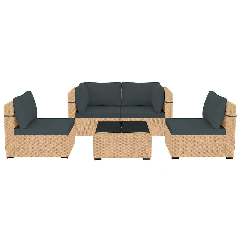 Ensemble de mobilier de jardin UPHA 5 pièces avec canapé en osier et coussins