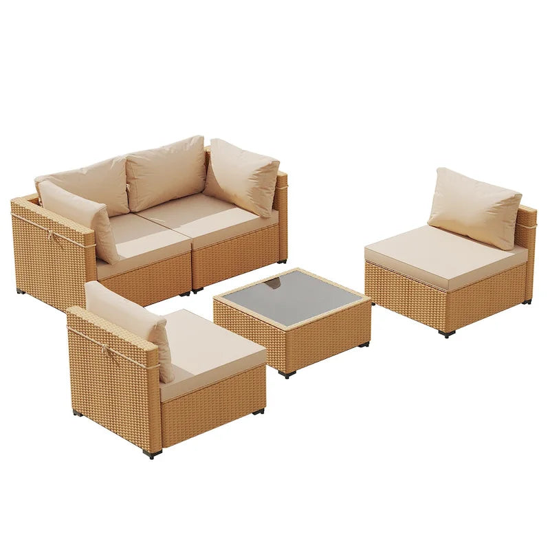 Ensemble de mobilier de jardin UPHA 5 pièces avec canapé en osier et coussins