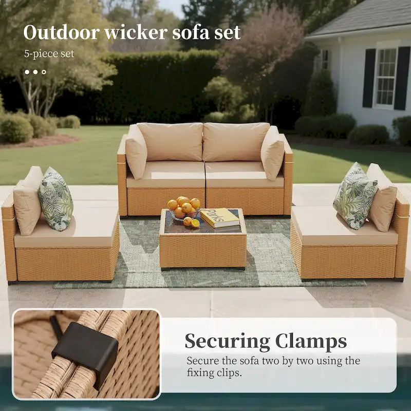 Ensemble de mobilier de jardin UPHA 5 pièces avec canapé en osier et coussins