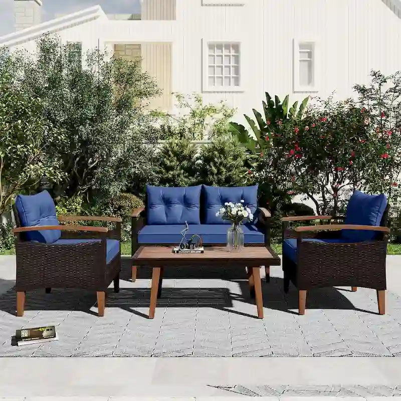 Ensemble de mobilier de jardin 4 pièces confortable bleu pour terrasse