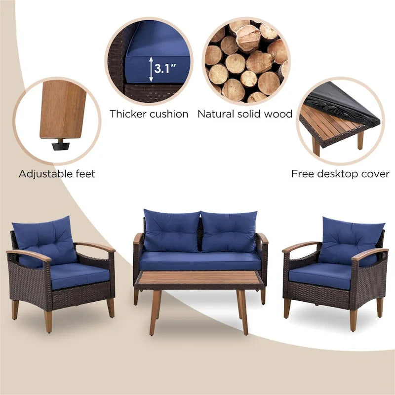 Ensemble de mobilier de jardin 4 pièces confortable bleu pour terrasse
