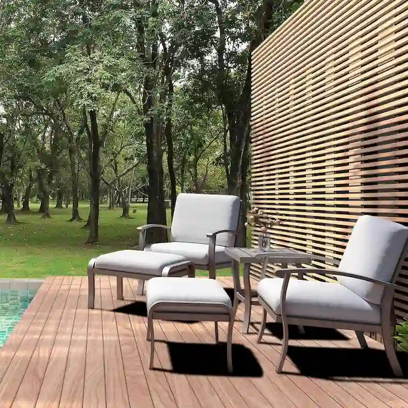 Salon de jardin 5 pièces en aluminium avec table d'appoint, pouf et coussins gris clair