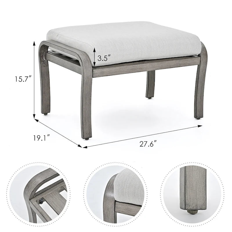 Salon de jardin 5 pièces en aluminium avec table d'appoint, pouf et coussins gris clair