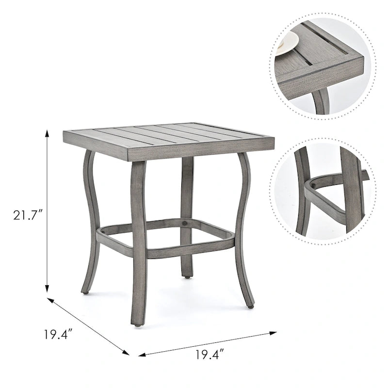 Salon de jardin 5 pièces en aluminium avec table d'appoint, pouf et coussins gris clair
