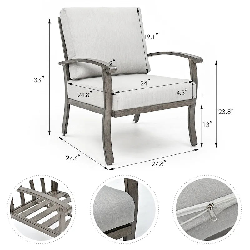 Salon de jardin 5 pièces en aluminium avec table d'appoint, pouf et coussins gris clair