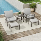 Salon de jardin 5 pièces en aluminium avec table d'appoint, pouf et coussins gris clair
