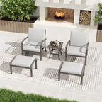Salon de jardin 5 pièces en aluminium avec table d'appoint, pouf et coussins gris clair