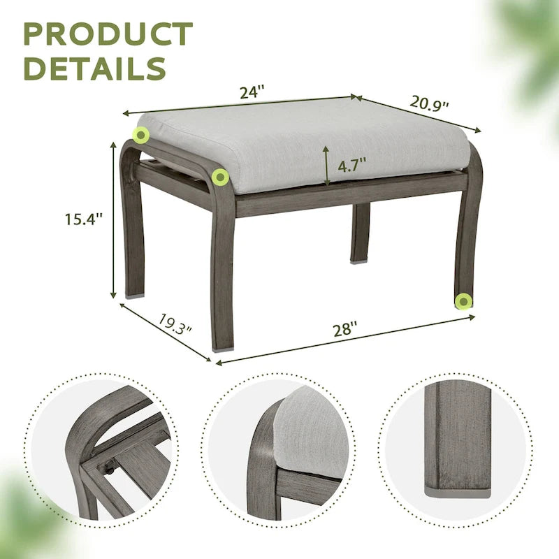 Salon de jardin 5 pièces en aluminium avec table d'appoint, pouf et coussins gris clair