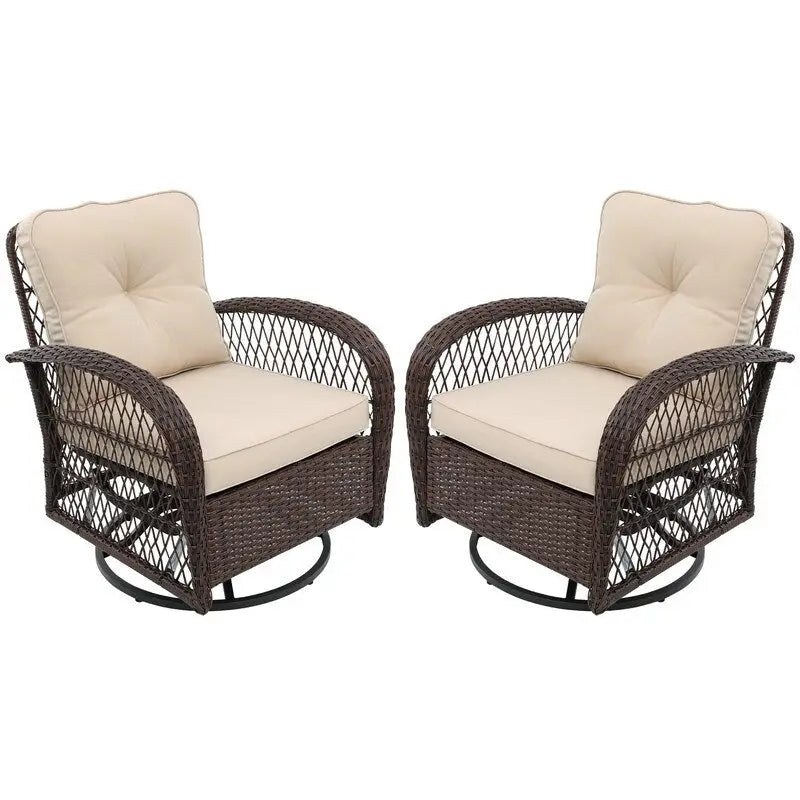Patio Watcher Ensemble de 2 chaises de conversation pivotantes à 360 degrés en rotin marron pour extérieur avec coussins