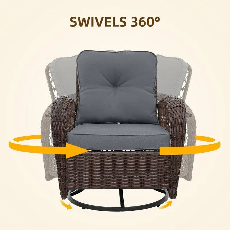 Patio Watcher Ensemble de 2 chaises de conversation pivotantes à 360 degrés en rotin marron pour extérieur avec coussins
