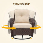 Patio Watcher Ensemble de 2 chaises de conversation pivotantes à 360 degrés en rotin marron pour extérieur avec coussins