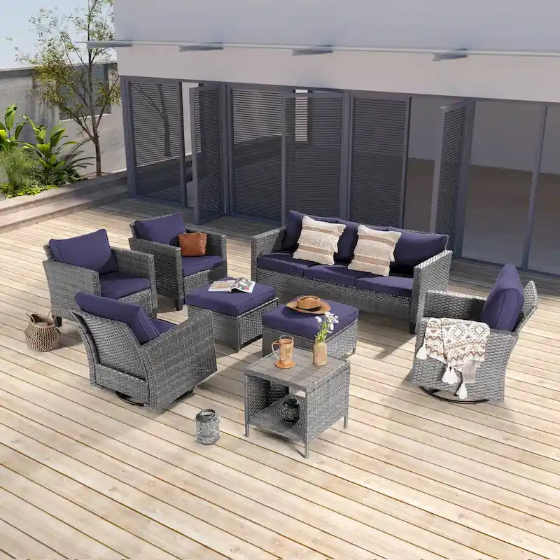 Ensemble de canapé d'extérieur modulable LIVOOSUN 8 pièces avec fauteuils à bascule pivotants et repose-pieds en osier gris