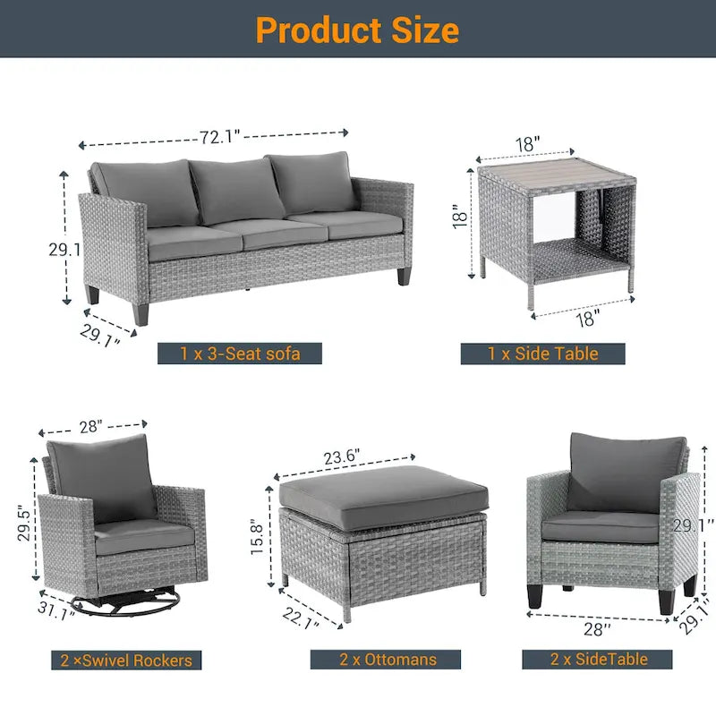 Ensemble de canapé d'extérieur modulable LIVOOSUN 8 pièces avec fauteuils à bascule pivotants et repose-pieds en osier gris