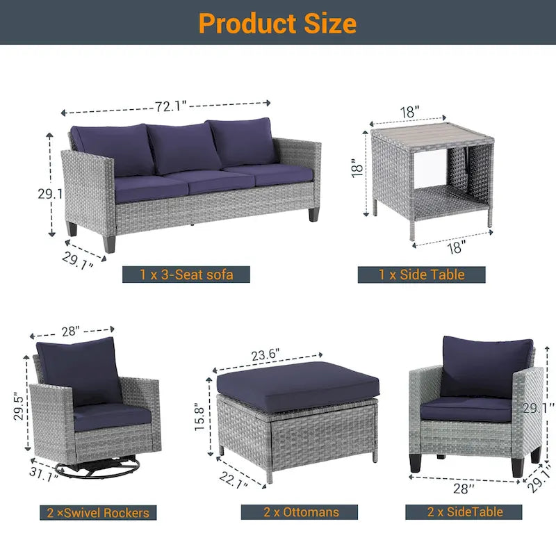 Ensemble de canapé d'extérieur modulable LIVOOSUN 8 pièces avec fauteuils à bascule pivotants et repose-pieds en osier gris