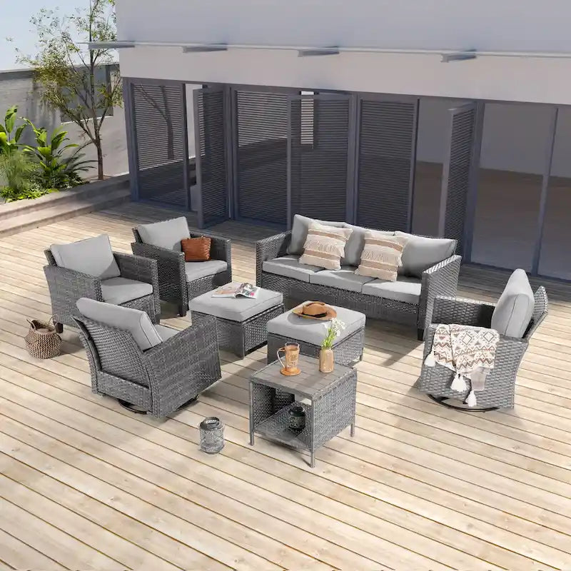 Ensemble de canapé d'extérieur modulable LIVOOSUN 8 pièces avec fauteuils à bascule pivotants et repose-pieds en osier gris