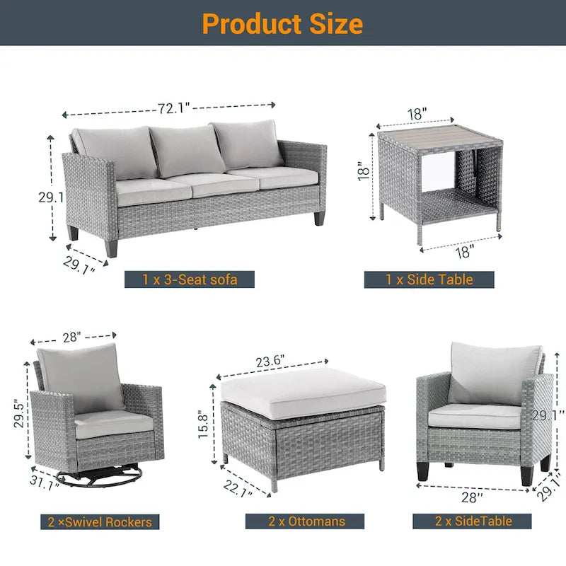 Ensemble de canapé d'extérieur modulable LIVOOSUN 8 pièces avec fauteuils à bascule pivotants et repose-pieds en osier gris