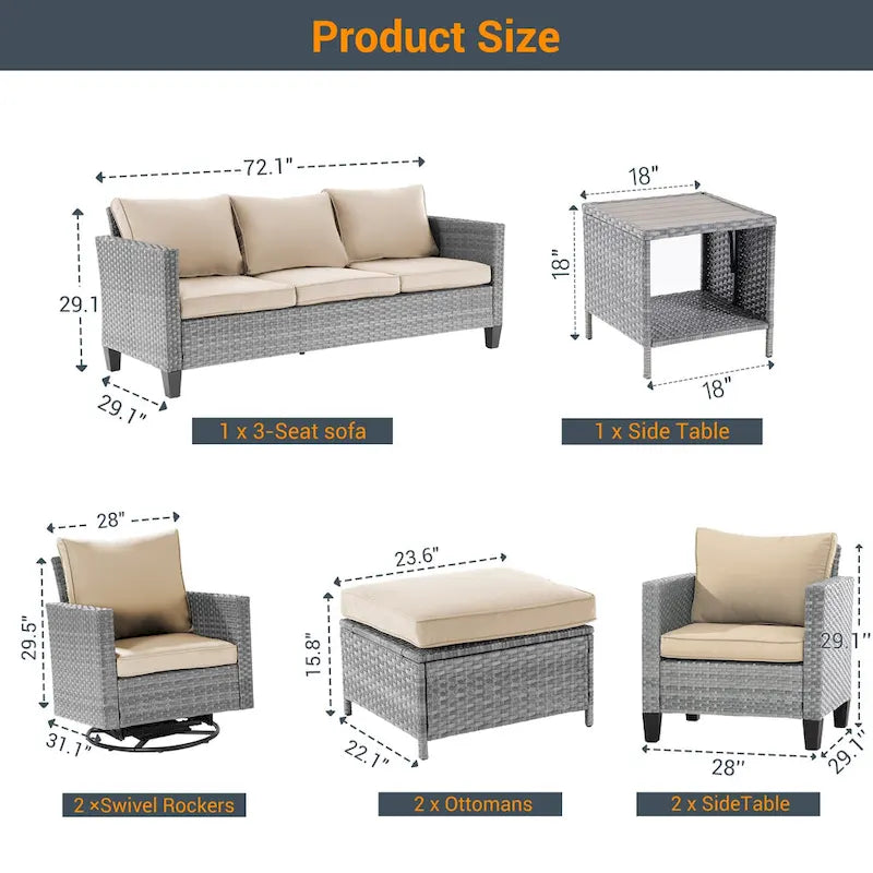 Ensemble de canapé d'extérieur modulable LIVOOSUN 8 pièces avec fauteuils à bascule pivotants et repose-pieds en osier gris