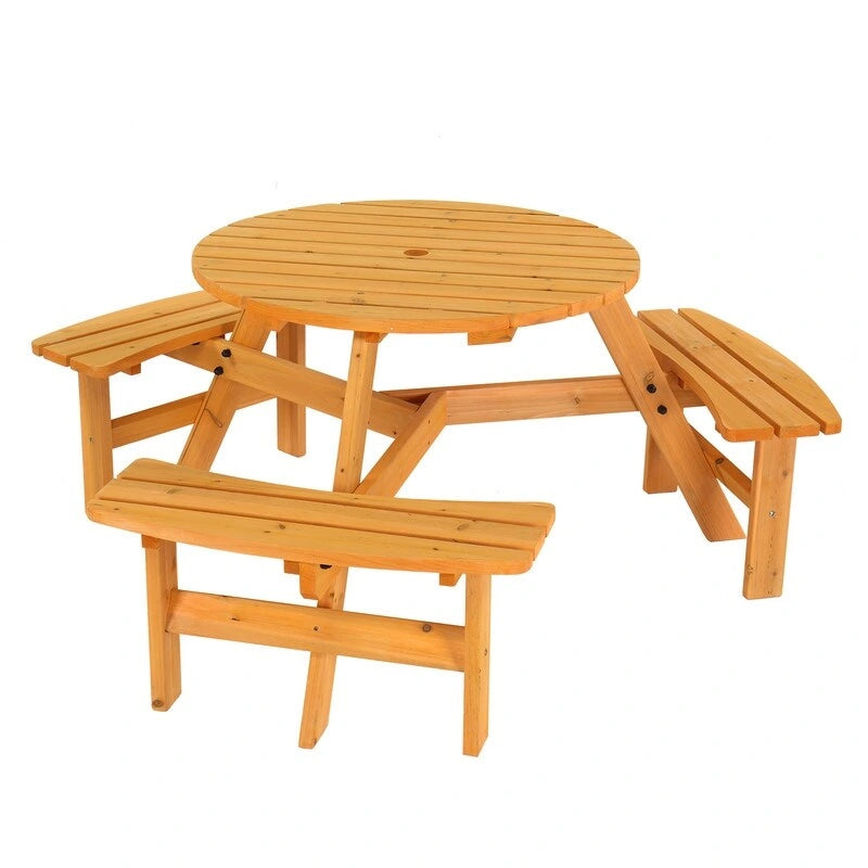 Table de pique-nique ronde en bois pour 6 personnes avec 3 bancs intégrés