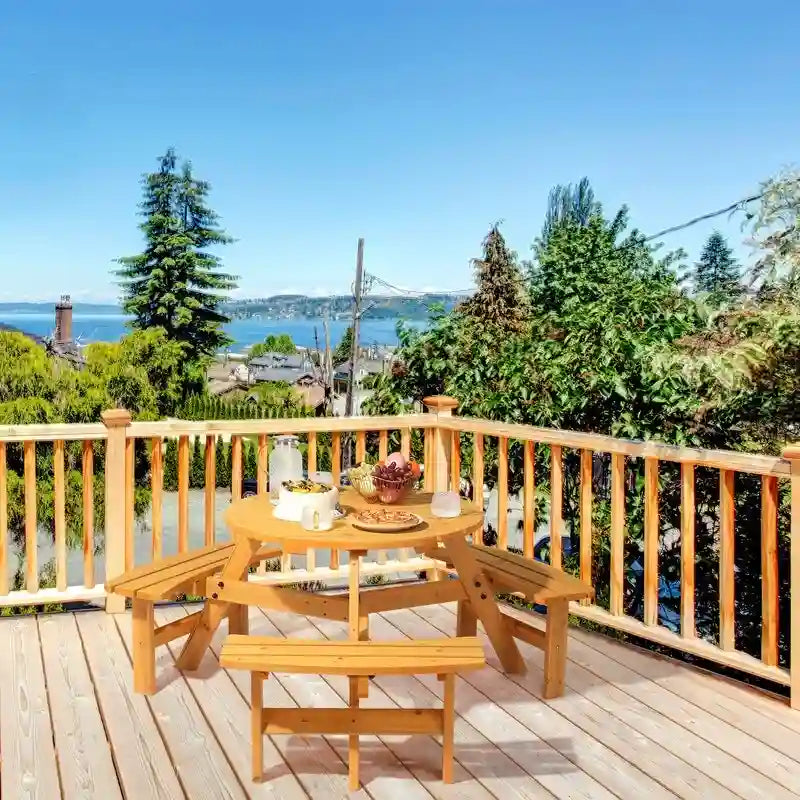 Table de pique-nique ronde en bois pour 6 personnes avec 3 bancs intégrés