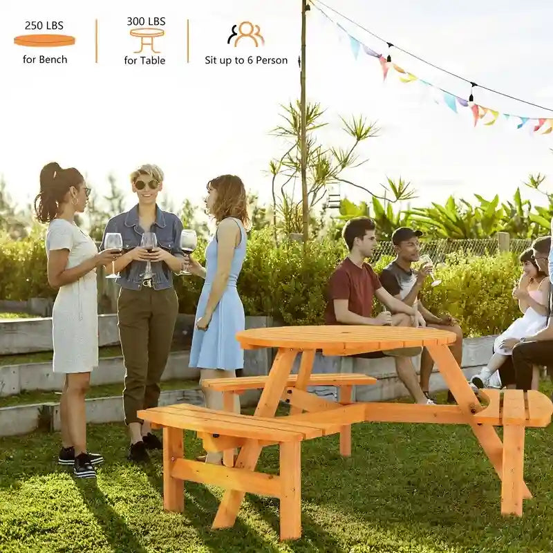 Table de pique-nique ronde en bois pour 6 personnes avec 3 bancs intégrés