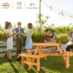 Table de pique-nique ronde en bois pour 6 personnes avec 3 bancs intégrés
