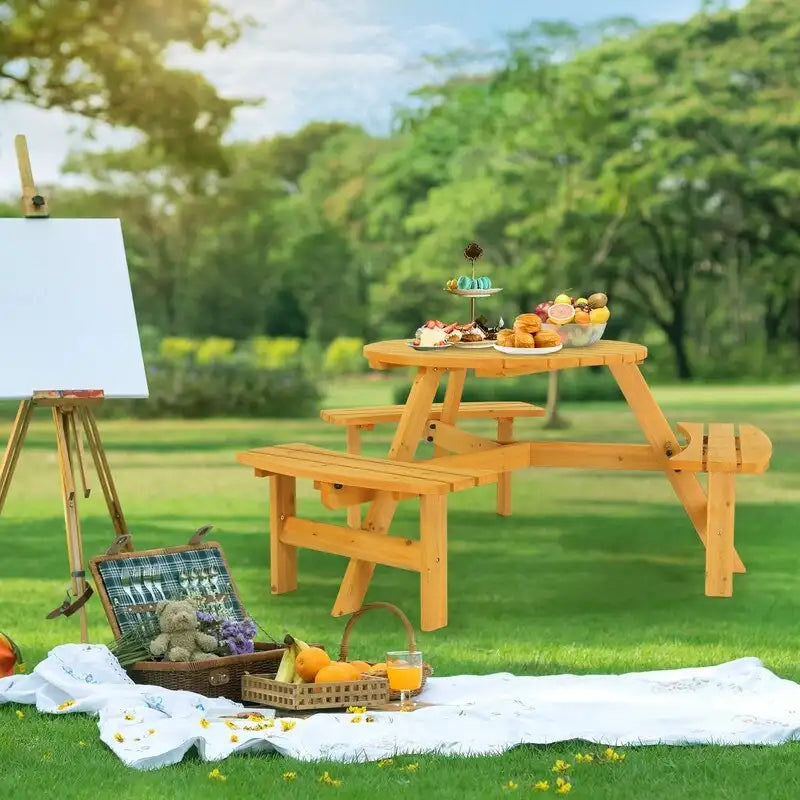 Table de pique-nique ronde en bois pour 6 personnes avec 3 bancs intégrés