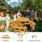 Table de pique-nique ronde en bois pour 6 personnes avec 3 bancs intégrés