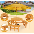 Table de pique-nique ronde en bois pour 6 personnes avec 3 bancs intégrés