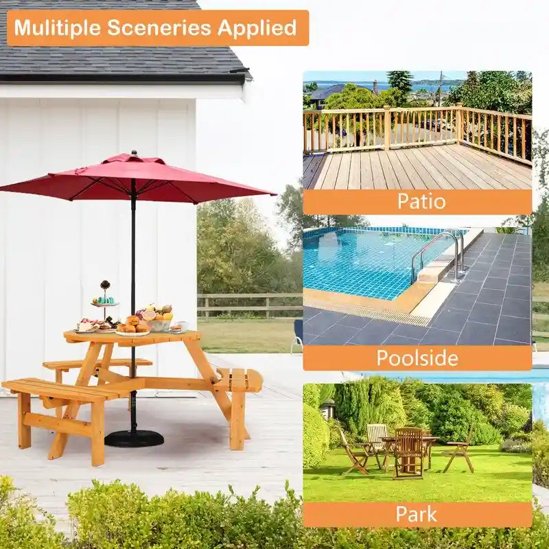 Table de pique-nique ronde en bois pour 6 personnes avec 3 bancs intégrés