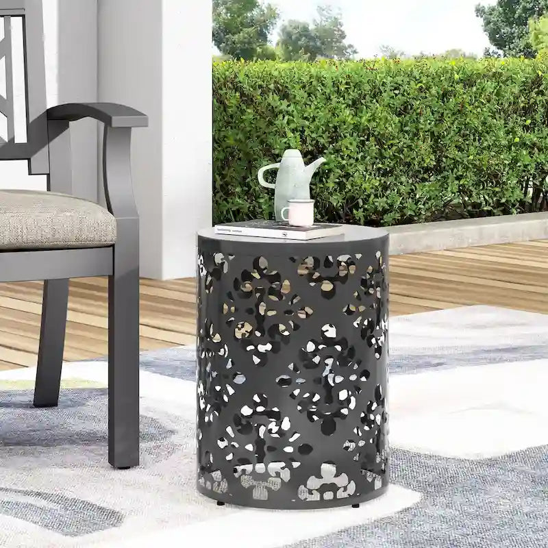 Table d'appoint en métal pour l'extérieur, table d'appoint en béton, table d'appoint souche d'arbre, tabouret de jardin.