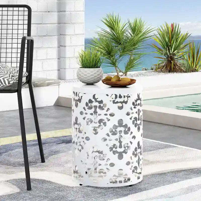 Table d'appoint en métal pour l'extérieur, table d'appoint en béton, table d'appoint souche d'arbre, tabouret de jardin.