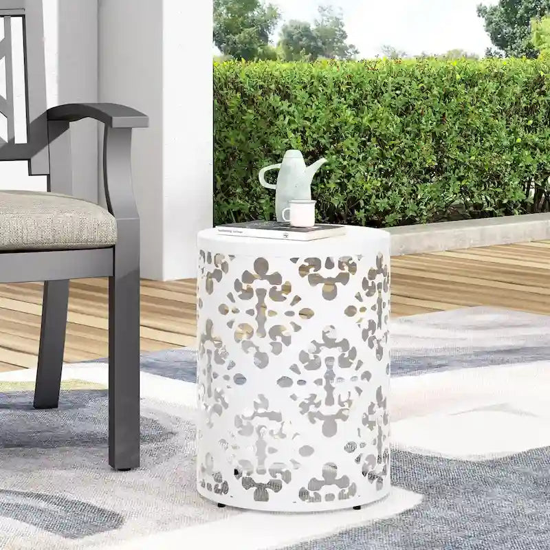Table d'appoint en métal pour l'extérieur, table d'appoint en béton, table d'appoint souche d'arbre, tabouret de jardin.
