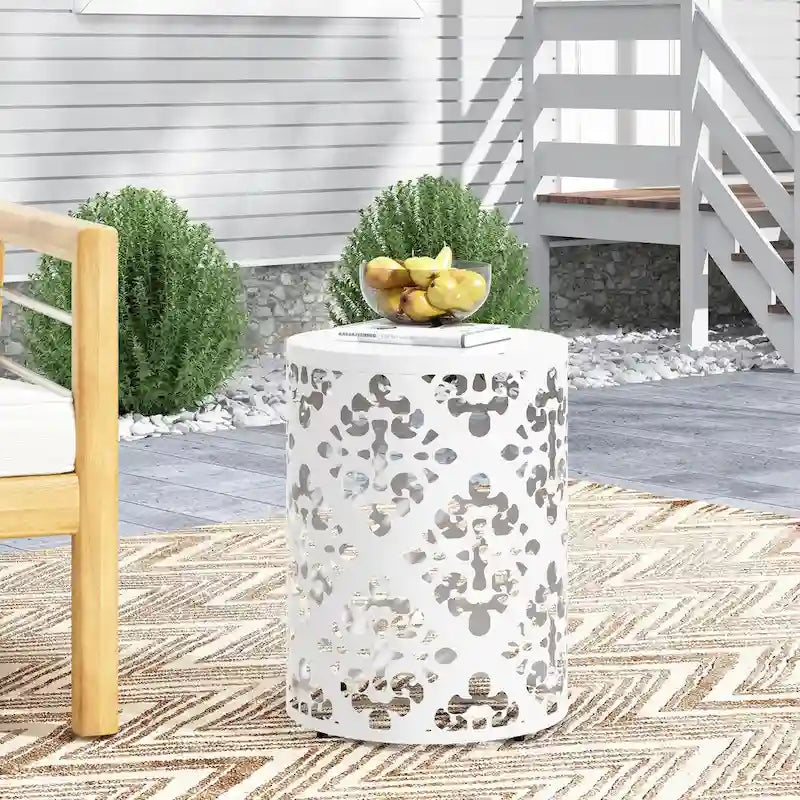 Table d'appoint en métal pour l'extérieur, table d'appoint en béton, table d'appoint souche d'arbre, tabouret de jardin.