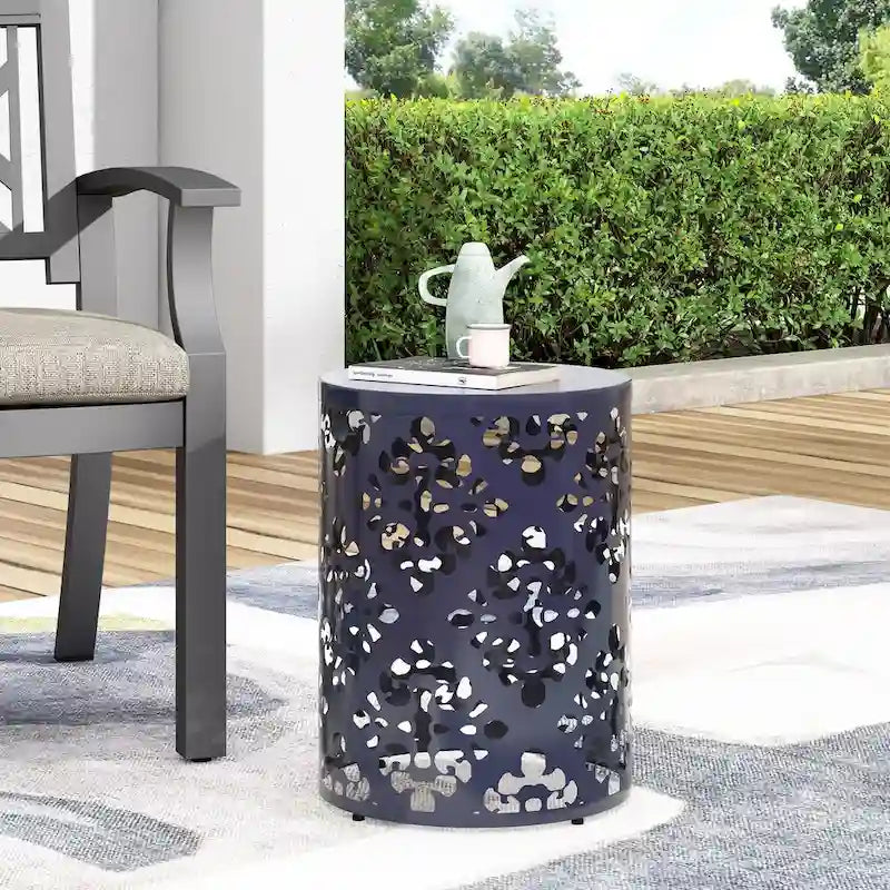 Table d'appoint en métal pour l'extérieur, table d'appoint en béton, table d'appoint souche d'arbre, tabouret de jardin.