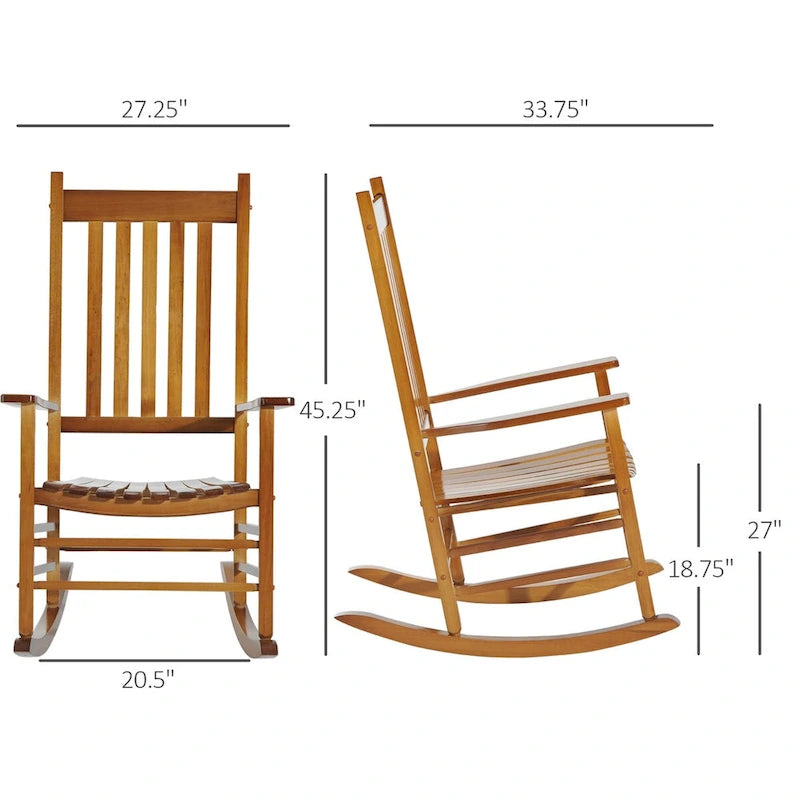 Fauteuil à bascule d'extérieur, fauteuil à bascule de patio en bois avec accoudoirs lisses, dossier haut