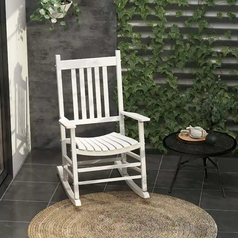 Fauteuil à bascule d'extérieur, fauteuil à bascule de patio en bois avec accoudoirs lisses, dossier haut